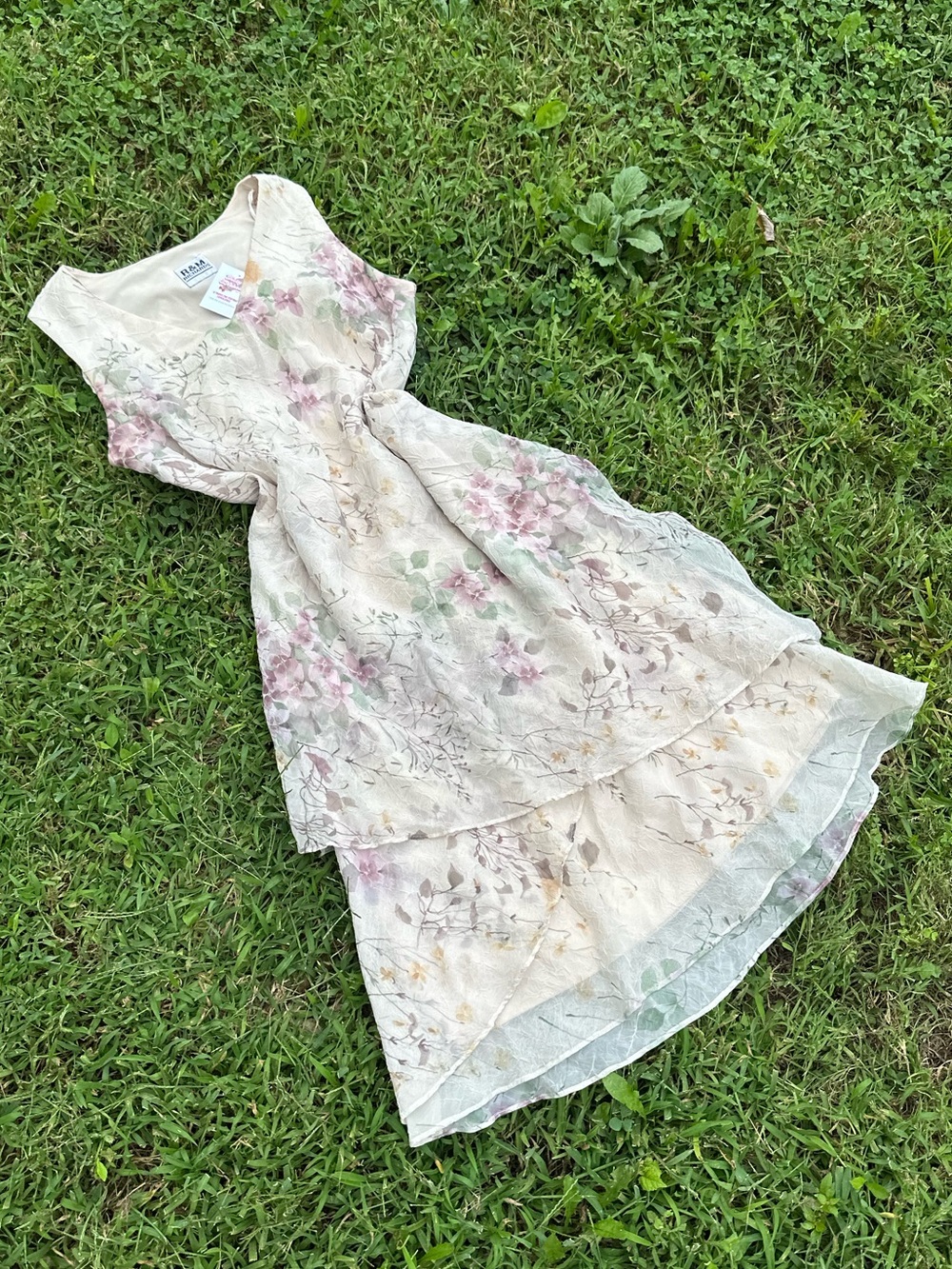 Vintage 90s R&M Richards Floral Layered Cream Midi Dress Size XL